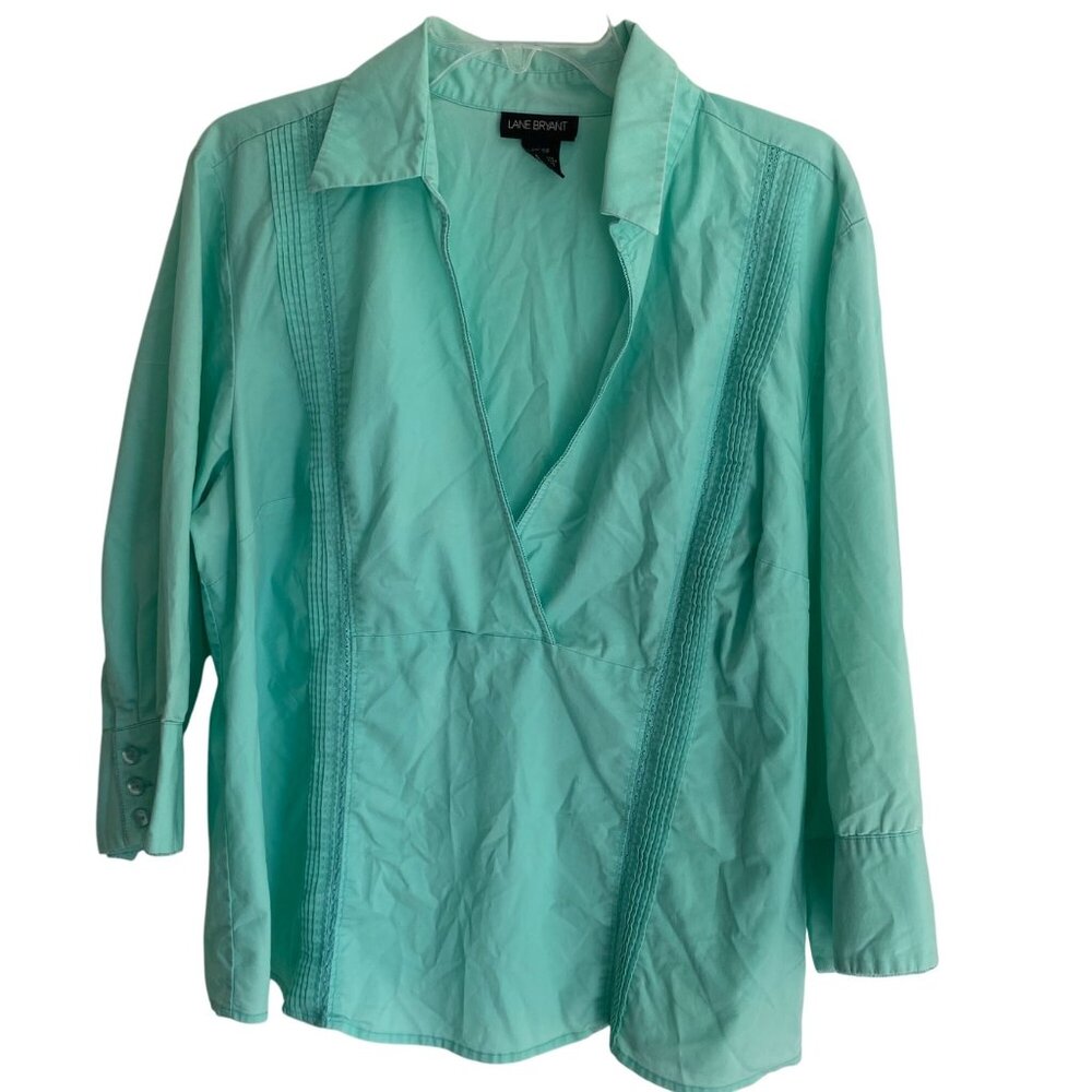 Lane Bryant Womens Aqua Pintuck Detail Button Cuff Blouse 18/20 Cotton Blend
